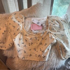 Avec Les Filles Cream Top with Navy & Yellow Floral Print